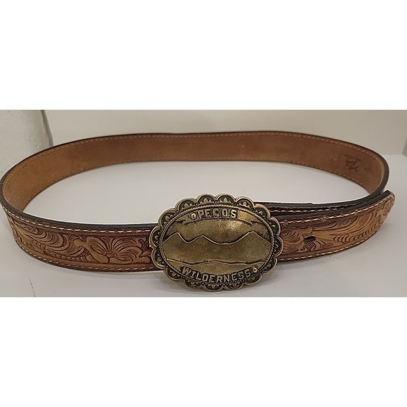 Tony Lama Other - Tony Lama Western Leather Belt Pecos Wilderness Buckle USA Tooled 34 REX